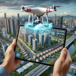 Drone ile havadan çekim ve tablet ekranında sanal tur